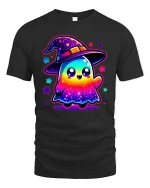 Cute Rainbow Ghost Witch T-Shirt Kawaii Halloween Graphic Tee - black t-shirt on white background