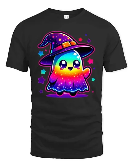 Cute Rainbow Ghost Witch T-Shirt Kawaii Halloween Graphic Tee - black t-shirt on white background