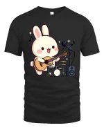 Cute Bunny Guitar T-Shirt Kawaii Music Cartoon Graphic Tee - black t-shirt on white background