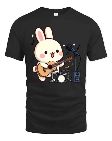 Cute Bunny Guitar T-Shirt Kawaii Music Cartoon Graphic Tee - black t-shirt on white background
