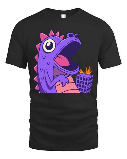 Funny Purple Dino Monster T-Shirt Cute Cartoon Graphic Tee - black t-shirt on white background