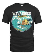 Wave Rider Surf Cat T-Shirt Vintage Beach Graphic Tee - black t-shirt on white background