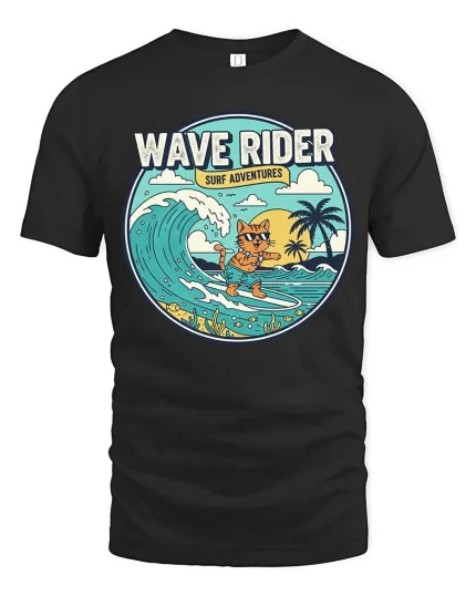 Wave Rider Surf Cat T-Shirt Vintage Beach Graphic Tee - black t-shirt on white background