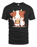 Cute Cow Eating Cookie T-Shirt Kawaii Cartoon Graphic Tee - black t-shirt on white background