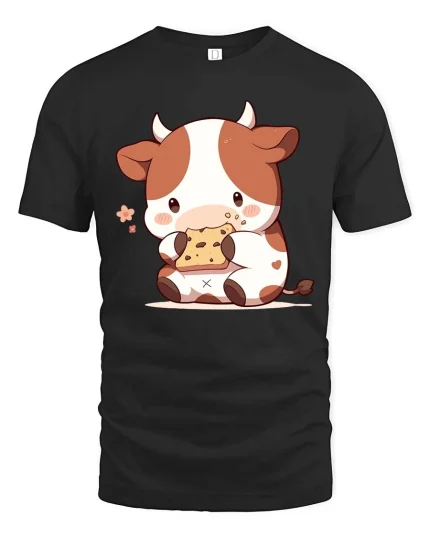 Cute Cow Eating Cookie T-Shirt Kawaii Cartoon Graphic Tee - black t-shirt on white background