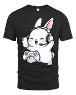 Cute Gamer Bunny T-Shirt Funny Cartoon Gaming Graphic Tee - black t-shirt on white background