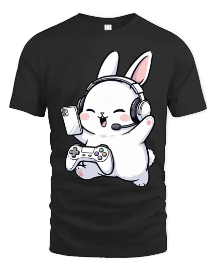 Cute Gamer Bunny T-Shirt Funny Cartoon Gaming Graphic Tee - black t-shirt on white background