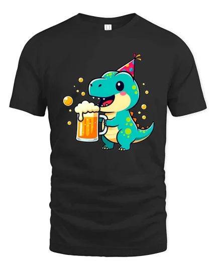 Funny Party Dino Beer T-Shirt Cute Cartoon Drinking Tee - black t-shirt on white background