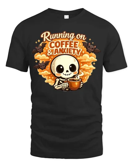 Running on Coffee Anxiety T-Shirt Funny Skeleton Graphic Tee - black t-shirt on white background