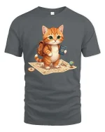 Cute Travel Cat T-Shirt Adventure Kitten Cartoon Graphic Tee - gray t-shirt on white background