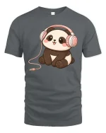 Cute Panda Headphones T-Shirt Kawaii Music Cartoon Graphic Tee - gray t-shirt on white background
