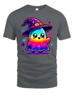 Cute Rainbow Ghost Witch T-Shirt Kawaii Halloween Graphic Tee - gray t-shirt on white background
