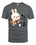 Cute Bunny Guitar T-Shirt Kawaii Music Cartoon Graphic Tee - gray t-shirt on white background