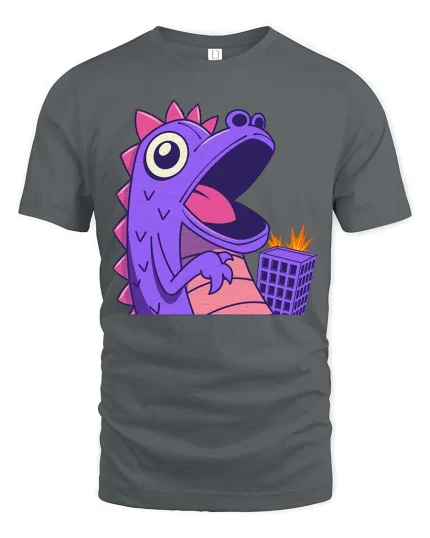 Funny Purple Dino Monster T-Shirt Cute Cartoon Graphic Tee - gray t-shirt on white background