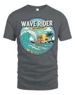 Wave Rider Surf Cat T-Shirt Vintage Beach Graphic Tee - gray t-shirt on white background