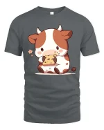 Cute Cow Eating Cookie T-Shirt Kawaii Cartoon Graphic Tee - gray t-shirt on white background