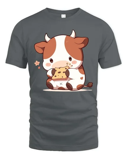 Cute Cow Eating Cookie T-Shirt Kawaii Cartoon Graphic Tee - gray t-shirt on white background