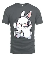 Cute Gamer Bunny T-Shirt Funny Cartoon Gaming Graphic Tee - gray t-shirt on white background