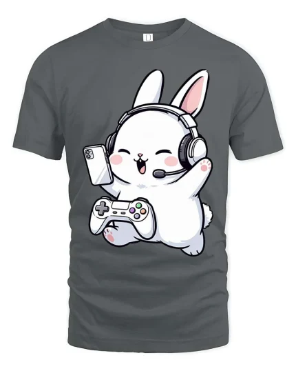 Cute Gamer Bunny T-Shirt Funny Cartoon Gaming Graphic Tee - gray t-shirt on white background