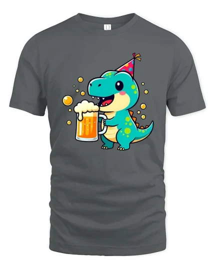 Funny Party Dino Beer T-Shirt Cute Cartoon Drinking Tee - gray t-shirt on white background