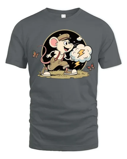 Cute Running Mouse T-Shirt Funny Cartoon Adventure Graphic Tee - gray t-shirt on white background