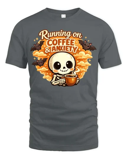 Running on Coffee Anxiety T-Shirt Funny Skeleton Graphic Tee - gray t-shirt on white background