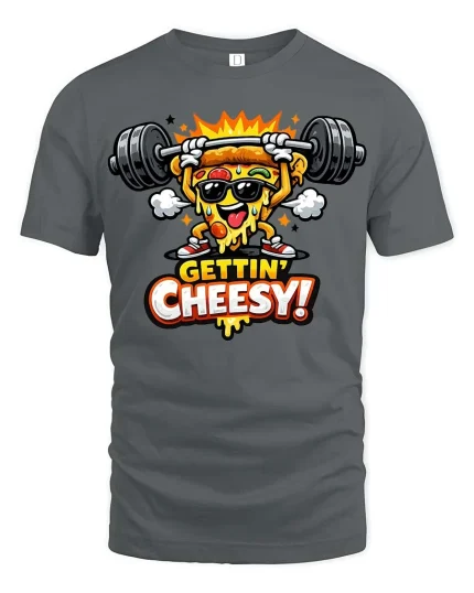 Gettin Cheesy Pizza Gym T-Shirt Funny Workout Graphic Tee - gray t-shirt on white background
