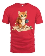 Cute Travel Cat T-Shirt Adventure Kitten Cartoon Graphic Tee - red t-shirt on white background
