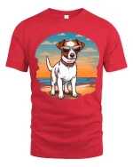 Cool Beach Dog T-Shirt Sunset Puppy Sunglasses Graphic Tee - red t-shirt on white background