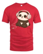 Cute Panda Headphones T-Shirt Kawaii Music Cartoon Graphic Tee - red t-shirt on white background