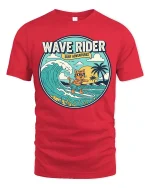 Wave Rider Surf Cat T-Shirt Vintage Beach Graphic Tee - red t-shirt on white background