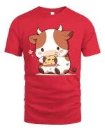 Cute Cow Eating Cookie T-Shirt Kawaii Cartoon Graphic Tee - red t-shirt on white background