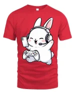 Cute Gamer Bunny T-Shirt Funny Cartoon Gaming Graphic Tee - red t-shirt on white background