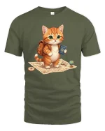 Cute Travel Cat T-Shirt Adventure Kitten Cartoon Graphic Tee - military green t-shirt on white background