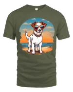 Cool Beach Dog T-Shirt Sunset Puppy Sunglasses Graphic Tee - military green t-shirt on white background