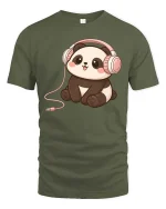 Cute Panda Headphones T-Shirt Kawaii Music Cartoon Graphic Tee - military green t-shirt on white background