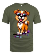 Cool Skater Dog T-Shirt Funny Puppy Sunglasses Graphic Tee - military green t-shirt on white background