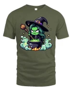 Funny Witch Potion T-Shirt Cute Halloween Cartoon Graphic Tee - military green t-shirt on white background