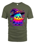 Cute Rainbow Ghost Witch T-Shirt Kawaii Halloween Graphic Tee - military green t-shirt on white background