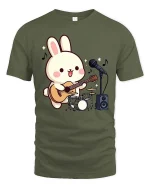 Cute Bunny Guitar T-Shirt Kawaii Music Cartoon Graphic Tee - military green t-shirt on white background