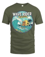 Wave Rider Surf Cat T-Shirt Vintage Beach Graphic Tee - military green t-shirt on white background