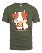 Cute Cow Eating Cookie T-Shirt Kawaii Cartoon Graphic Tee - military green t-shirt on white background