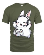 Cute Gamer Bunny T-Shirt Funny Cartoon Gaming Graphic Tee - military green t-shirt on white background
