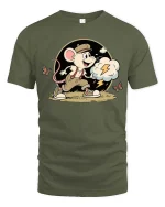 Cute Running Mouse T-Shirt Funny Cartoon Adventure Graphic Tee - military green t-shirt on white background