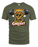 Gettin Cheesy Pizza Gym T-Shirt Funny Workout Graphic Tee - military green t-shirt on white background