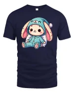 Cute Bunny Pajama T-Shirt Soft Cozy Kawaii Graphic Tee - navy t-shirt on white background