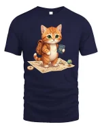 Cute Travel Cat T-Shirt Adventure Kitten Cartoon Graphic Tee - navy t-shirt on white background