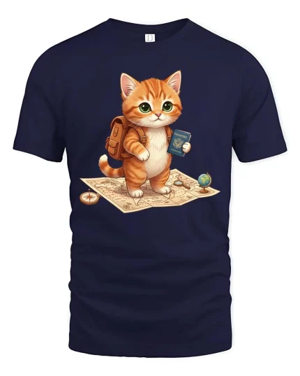 Cute Travel Cat T-Shirt Adventure Kitten Cartoon Graphic Tee - navy t-shirt on white background