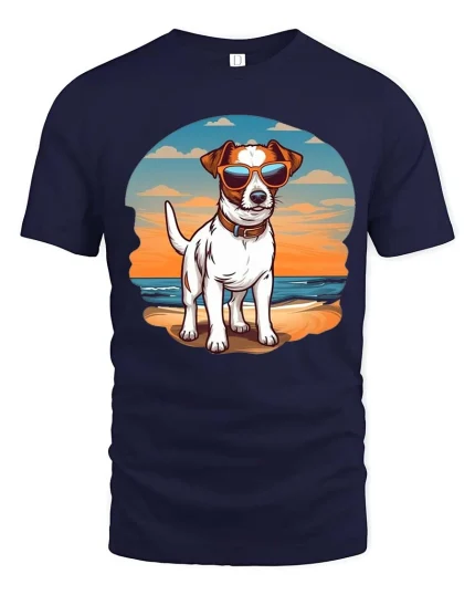 Cool Beach Dog T-Shirt Sunset Puppy Sunglasses Graphic Tee - navy t-shirt on white background