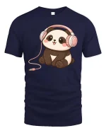 Cute Panda Headphones T-Shirt Kawaii Music Cartoon Graphic Tee - navy t-shirt on white background